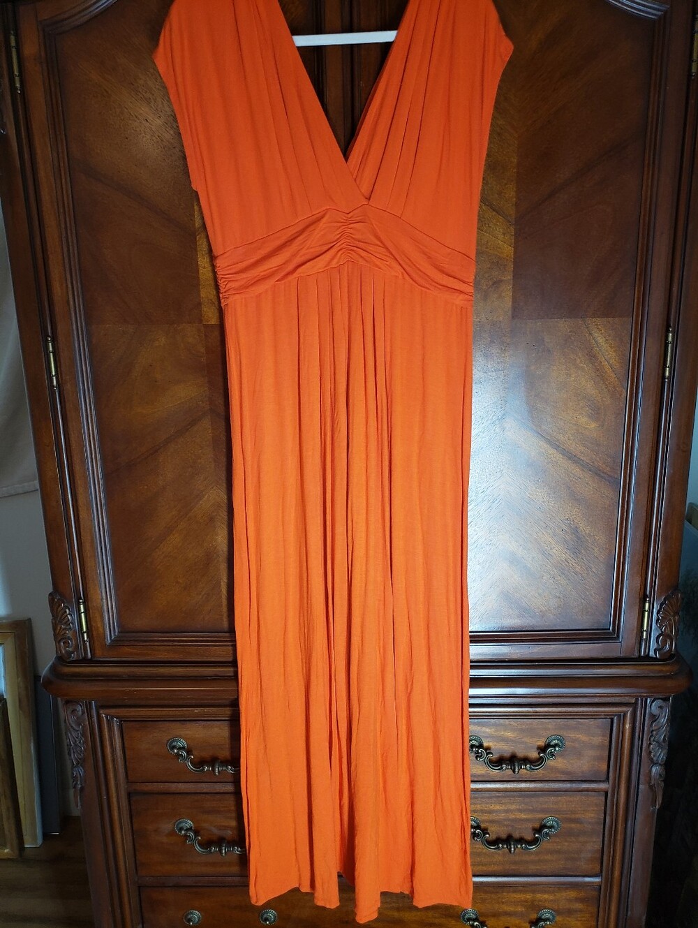 IMAN Orange V-Neck Pleated Maxi Dress